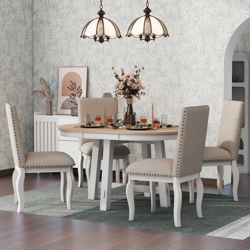 Oak Natural Wood + Antique White Modern 5-Piece Wooden Dining Table Set with Extendable Round Table & 4 Chairs