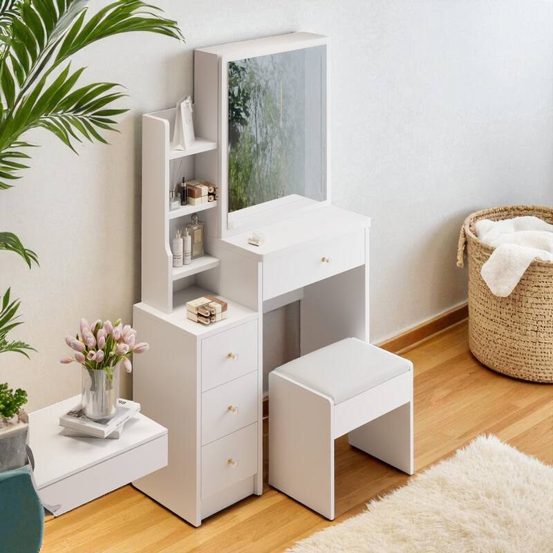 29.2" Small Space Vanity Table with Sliding Mirror, Stool and Storage Cabinet, Compact Makeup Dresser