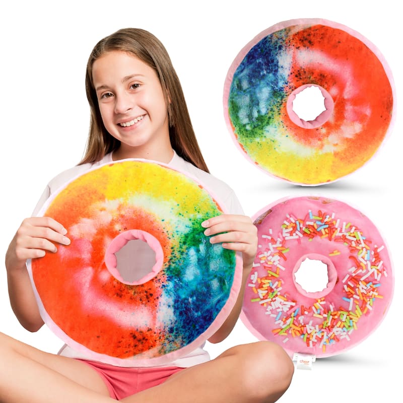 Cheer Collection Reversible Plush Donut Throw Pillow - Rainbow Icing / Rainbow Sprinkles