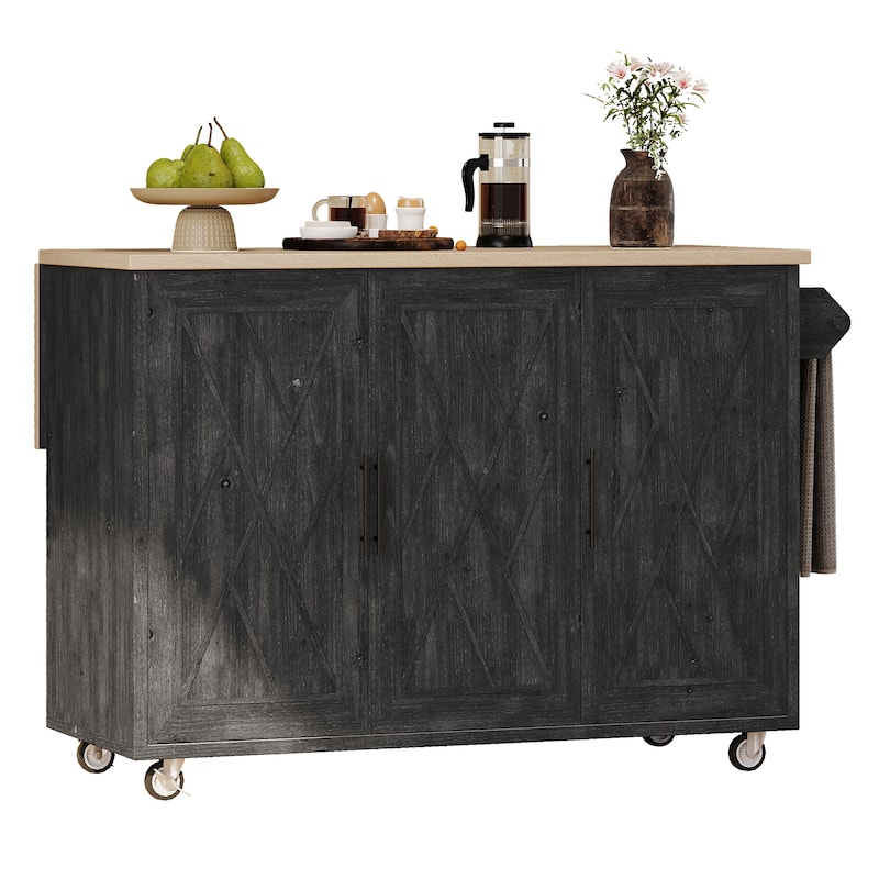 51.2"W Geometric Textured Kitchen Island with Drop Leaf, Internal Storage Rack, Rolling Kitchen Cart with Towel Rack