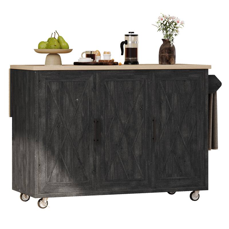 Mobile Kitchen Island Cart with Drop Leaf, Rolling Island Cart on Wheels, Storage Shelves & Towel Rack, Portable Kitchen Cabinet