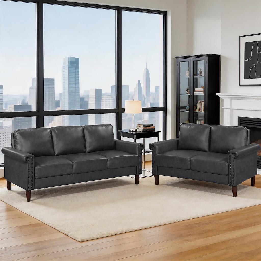 Halston Faux Leather 2-Piece Living Room Sofa Sets with Nailhead Trim