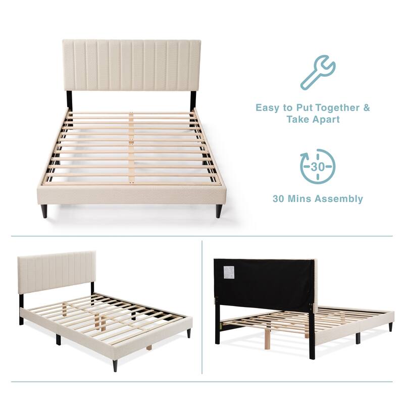 Queen Upholstered Platform Bed with Tufted Headboard, Mid-Century Modern Design, Boucle Fabric, No Box Spring Needed