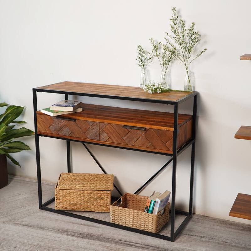 M4H Aarhus Brown Solid Wood Metal Console Table with Two Drawers