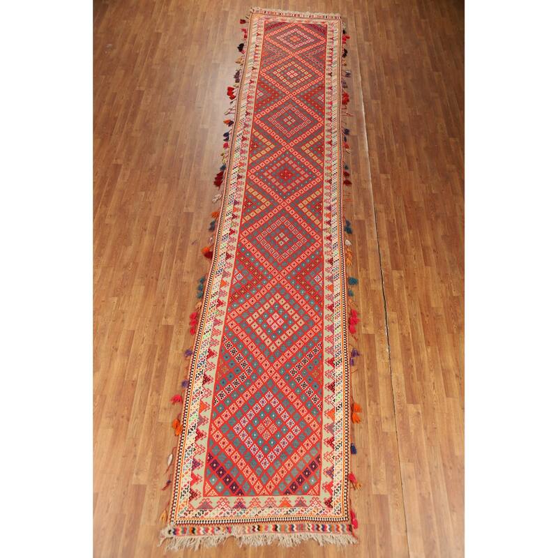 Pre-1900 Antique Vegetable Dye Kilim Persian Runner Rug - 3'2"x 17'1"