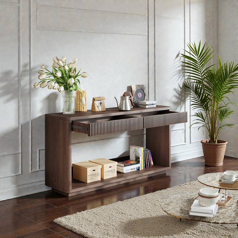 60" Modern Fluted Console Table with 2 Drawers, Natural Wood Veneer Sofa Table for Living Room Hallway Entryway