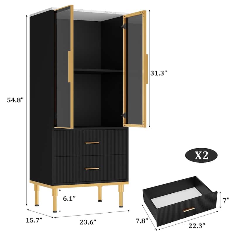 Pantry Cabinet, Freestanding Kitchen Storage Cabinet with Glass Door and 2 Drawers, Modern Kitchen Cupboard with 2 - Black
