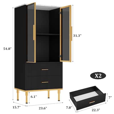 Pantry Cabinet, Freestanding Kitchen Storage Cabinet with Glass Door and 2 Drawers, Modern Kitchen Cupboard with 2