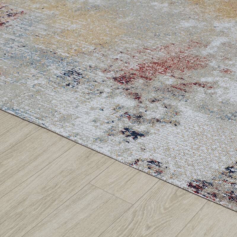 Trellis Beige, Cream, Yellow, Navy and Red Abstract Indoor/Outdoor Rug