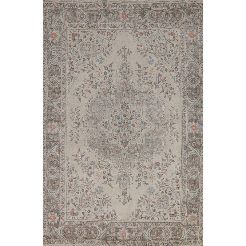 Beige / Ivory Medallion Tabriz Persian Area Rug Handmade Wool Carpet - 6'6"x 9'8"
