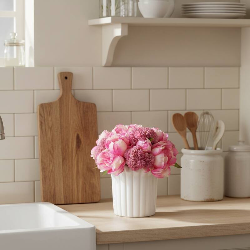 Peonies and Sedum in Ceramic Vase - 10