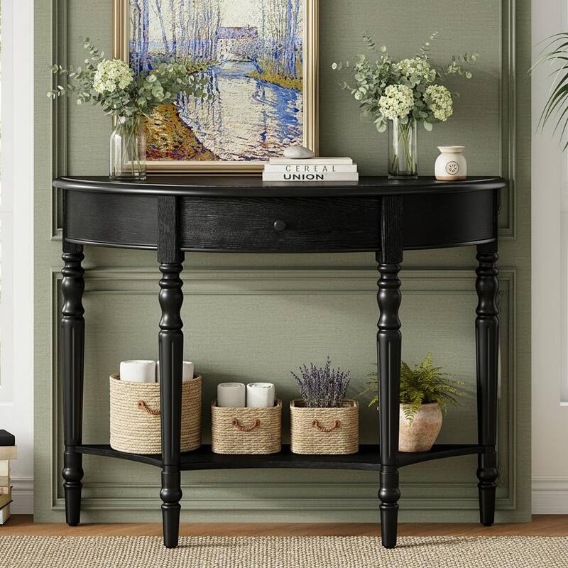 Half-Moon Farmhouse Console Table with Drawer & Shelf by Harper&Bright Designs - Black