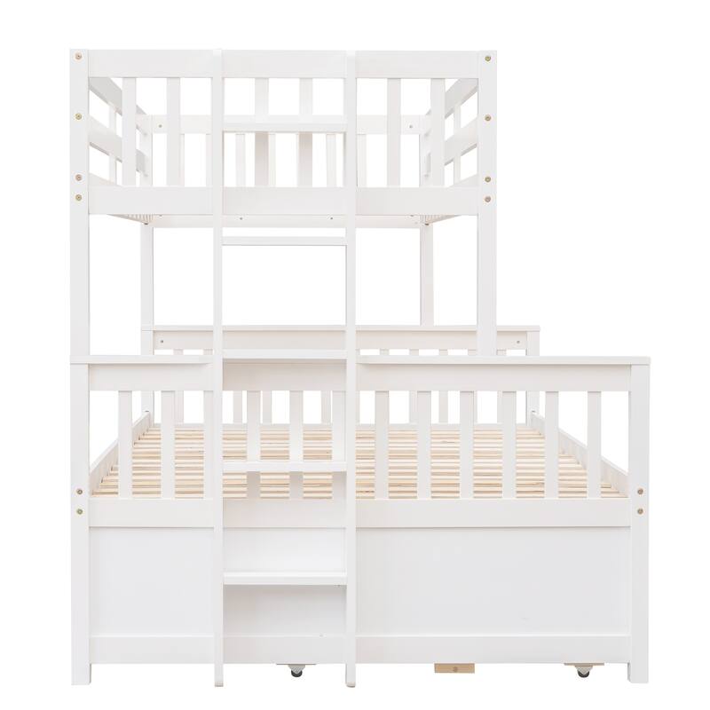Twin-Over-Full Bunk Bed with Storage Drawers and Trundle, Solid Pine Wood, No Box Spring Needed, Playhouse Design