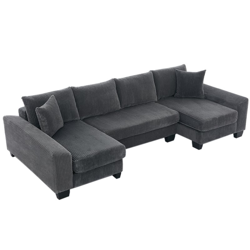 114" Corduroy U-Shaped Sleeper Sofa with Pull-Out Bed, 4 Back Cushions and 2 Throw Pillows