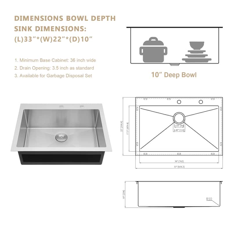 Kichae Robust Drop-in Kitchen Sink 30/33 inch Stainless Steel Kitchen Sink with Wide Flange - 33"x22"x10"