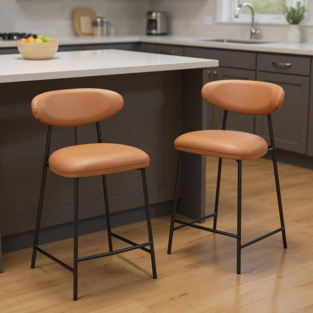 HomeRoots Set of Two 25" Brown and Black Faux Leather and Steel Low Back Counter Height Bar Chairs