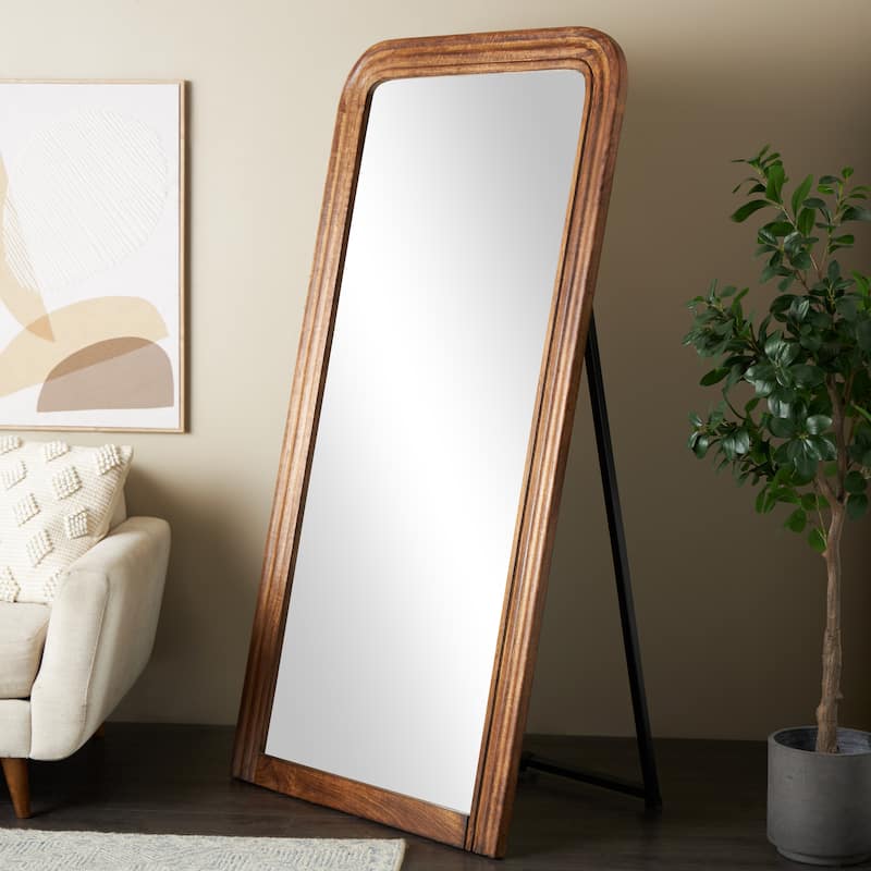Mango Wood Distressed Room Floor Mirror with Carved Grooves - Black or Brown - Roche River Decor