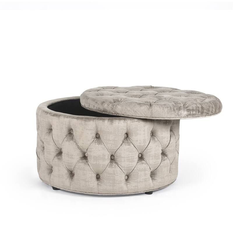 Adeco Round Storage Ottoman Button Tufted Footrest Stool Bench