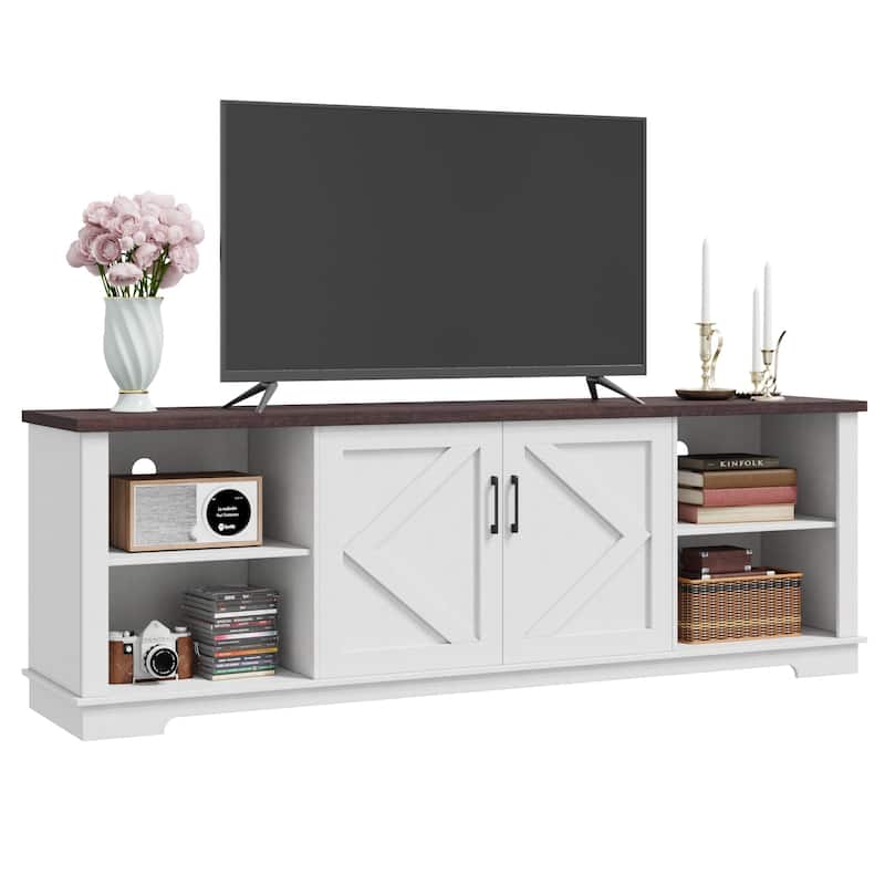 EROMMY Solid Wood TV Stand, Modern Entertainment Center with Glass Doors & Adjustable Shelves.