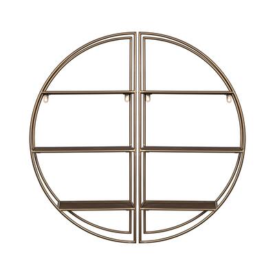 Two Piece Gold Metal and Wood Round Wall Shelf