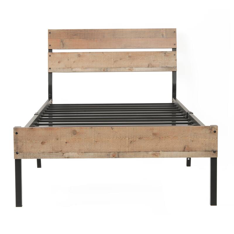Twin Bed Frame Metal & Wood Style - Rustic Bed with Storage & Sturdy Base