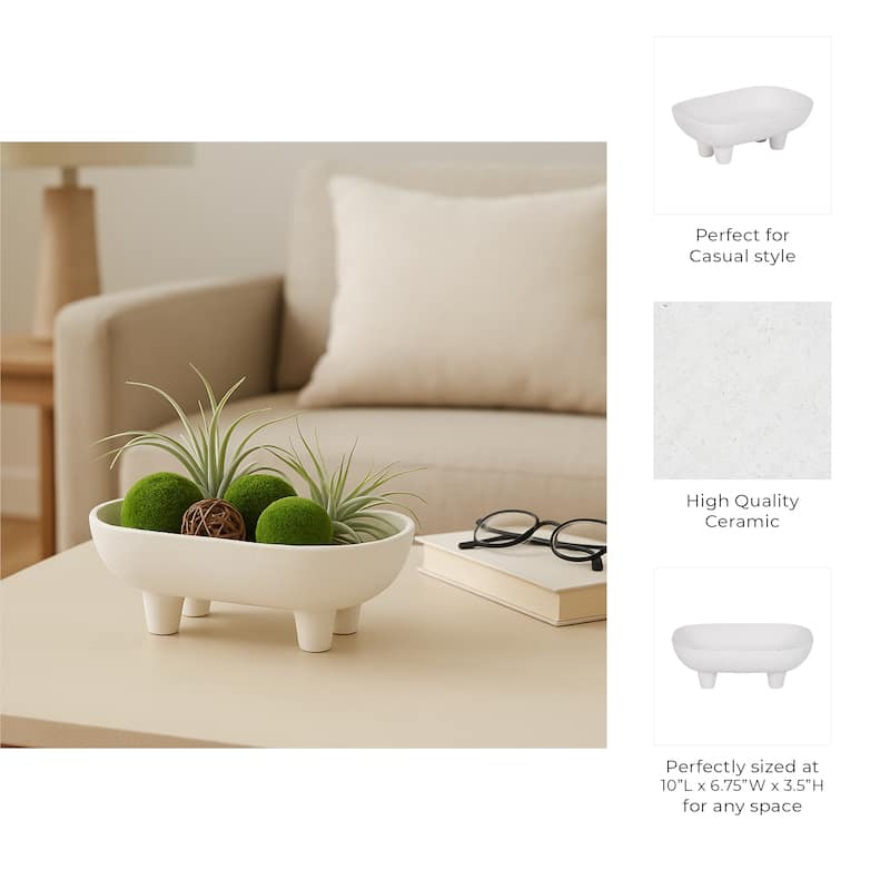 Decorative Ceramic Rounded Rectangle Bowl - Home Decor - 10", White - 10.0"