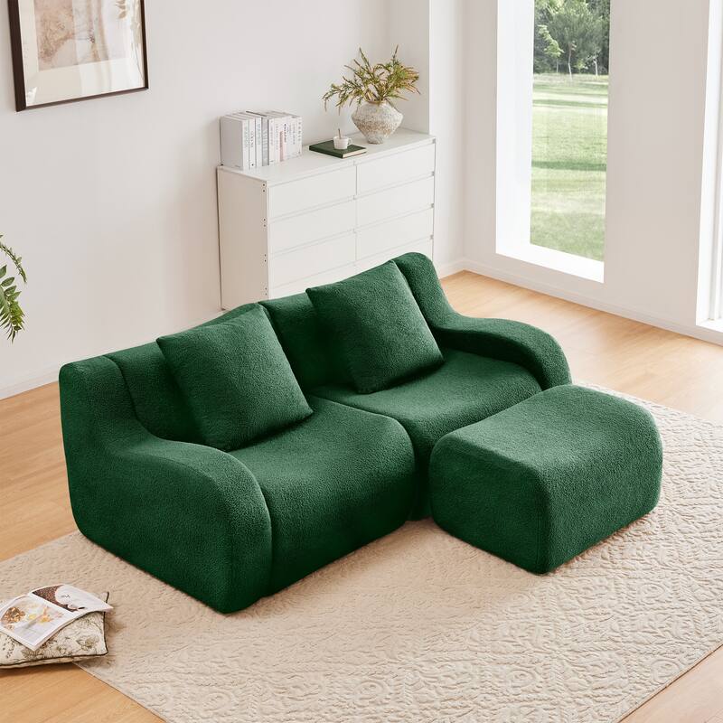 L-Shaped Teddy Fabric 2-Seat Boneless Sofa, No Assembly Required Curved Armrest, Streamlined Design Ergonomic Design