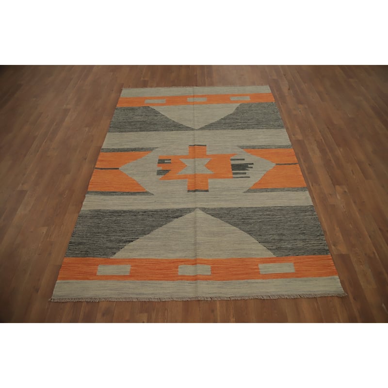 Hand Woven Oriental 100% Wool Carpet Southwestern Modern Greys & Charcoal Kilim Area Rug - 6' 8'' X 4' 9''
