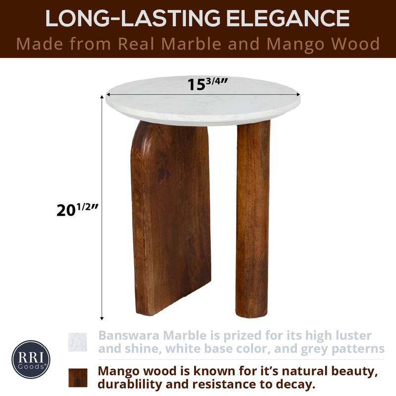 Modern Round Side Table with Banswara Marble Top & Stained Mango Wood Base - Elegant Accent Table