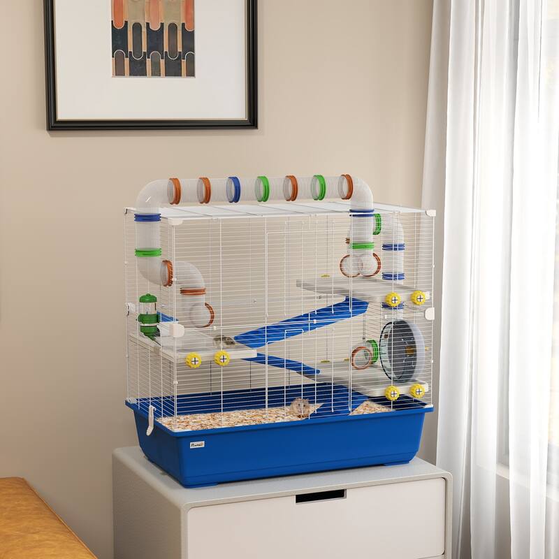 PawHut Hamster Cage, 4 Tier Small Animal Cage with Tunnel Tube System, Hut, Exercise Wheel, Water Bottle, Food Dish
