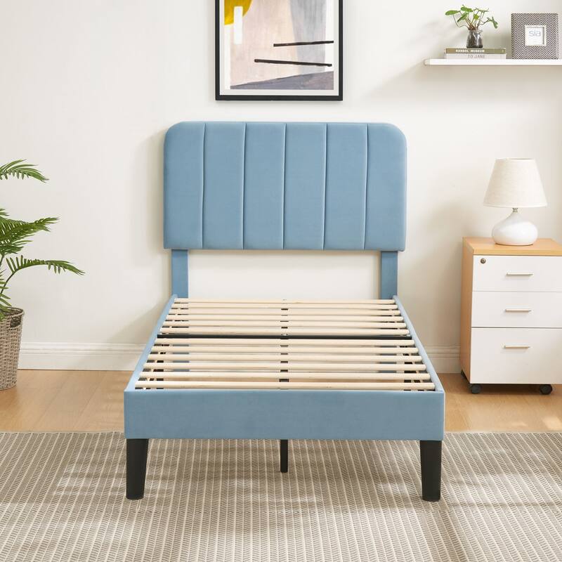 Kids Bed Frame, Height Adjustable Upholstered Bed, Twin Size Bed Set of 2