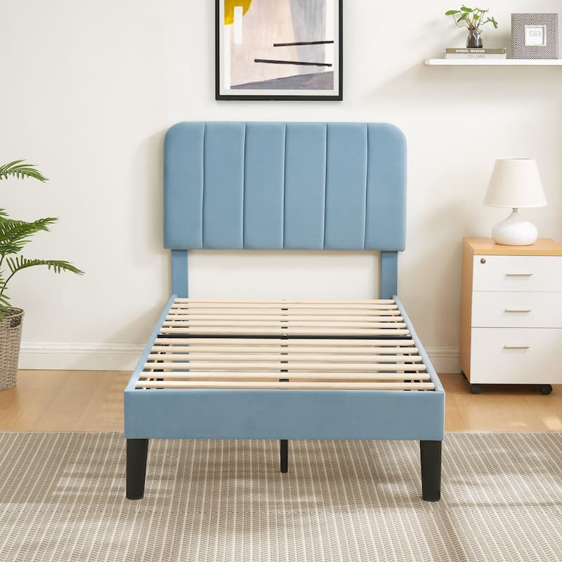 VECELO Velvet Upholstered Bed Frame with Vertical Channel Tufted Headboard, Adjustable Headboard, Wooden Slats Support