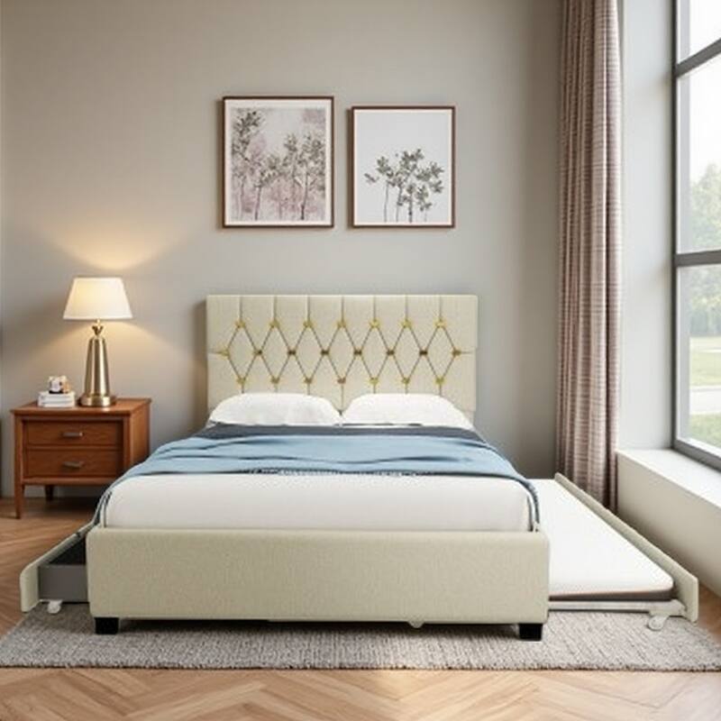 Modern Queen Upholstered Platform Bed with Gold Tufted Headboard, Pull-Out Trundle & 2 Storage Drawers, No Box Spring Needed - Beige
