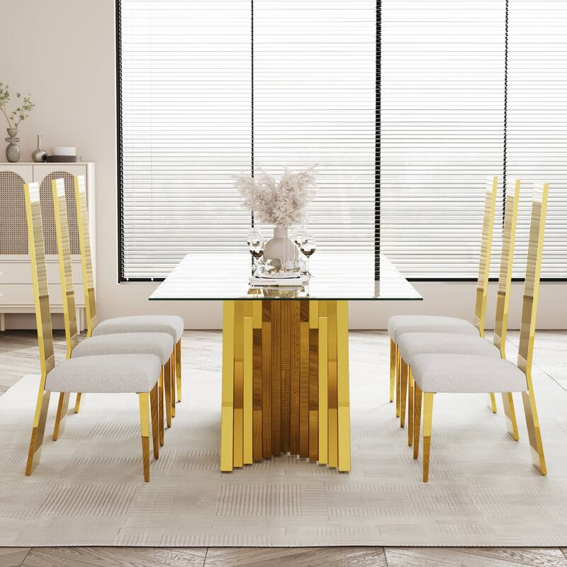 Luxury 78 inch Glass Dining Table with Mirrored Stainless Steel Base