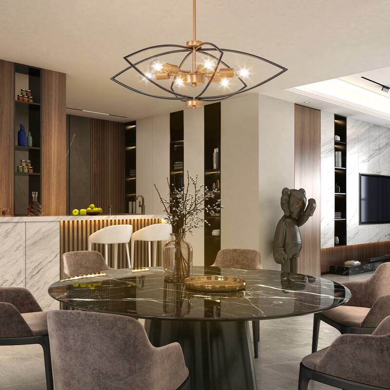 Modern 6-Light Black Gold Chandelier Metal Geometric Lights for Dining Living Foyer Spaces - D 31.5" x H 11.8"
