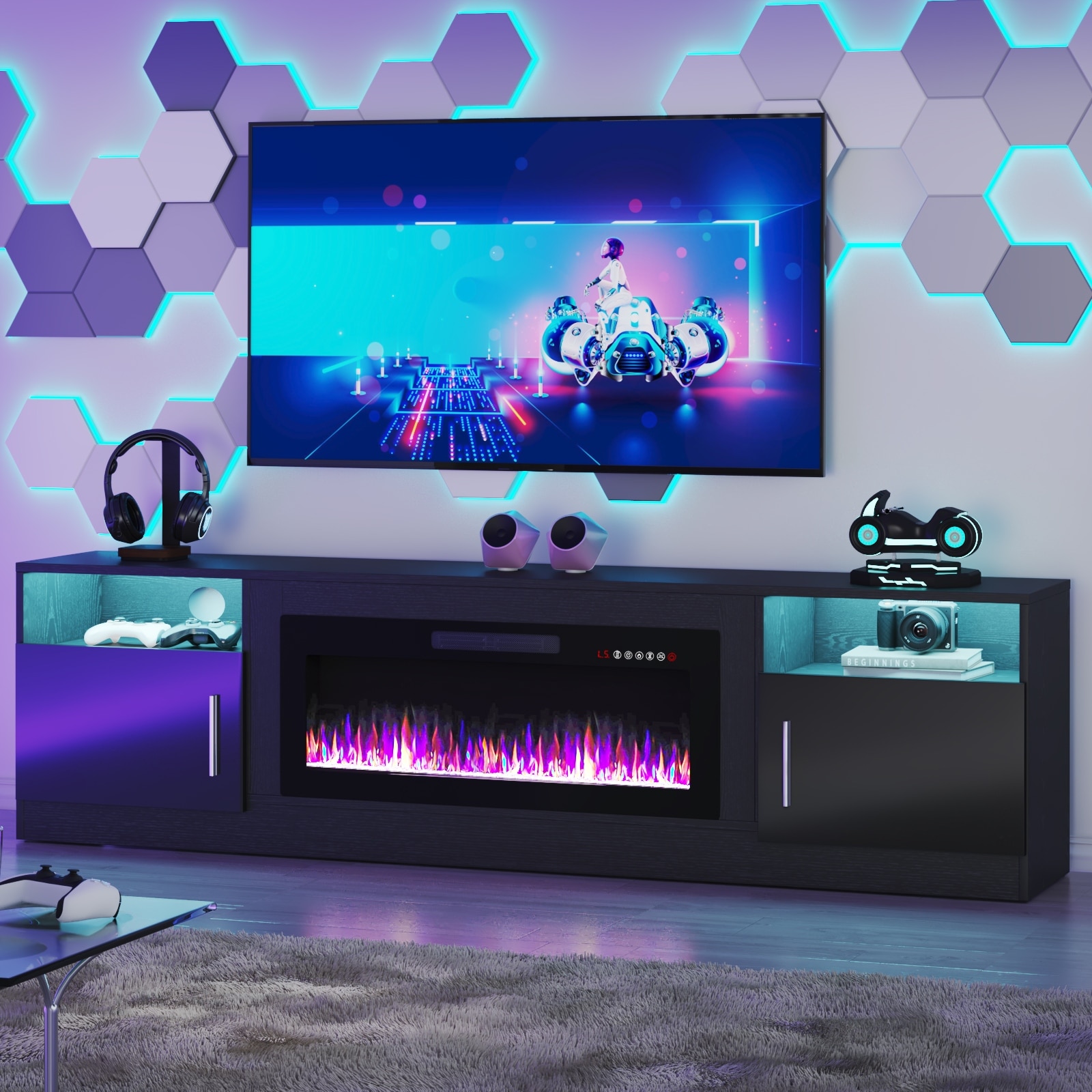 Bossin 80" Fireplace TV Stand with 36" Electric Fireplace, TV Stand for TVs Up to 90", 16 Colors LED Lights/Entertainment Center