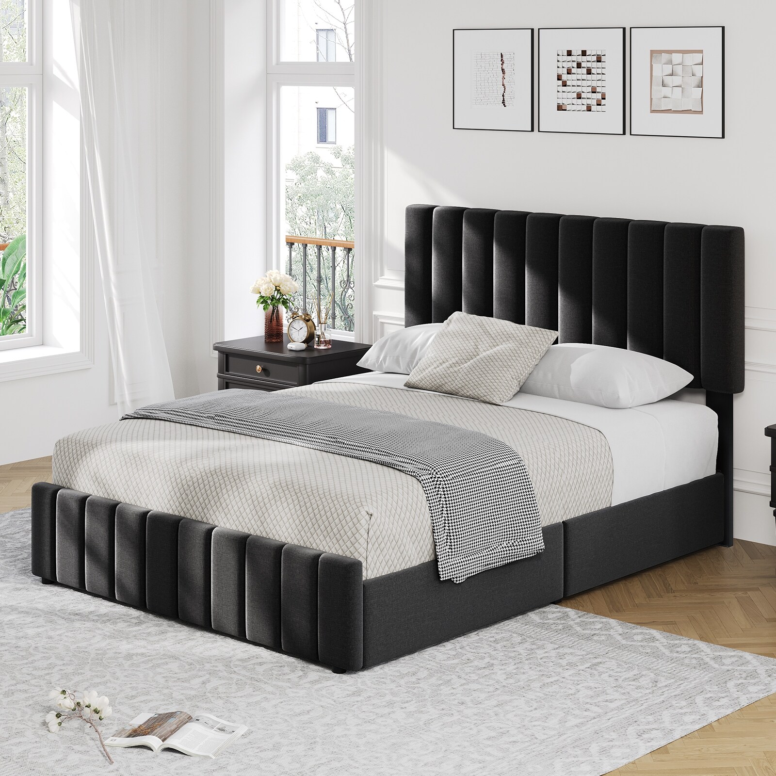 Full Size Bed Frame with 4 Storage Drawers, Linen Upholstered Platform Bed Frame