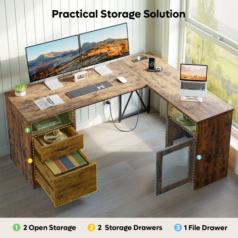 Bestier 63 Inch L Shaped Computer Desk with Power Outlets, Office Desk with Drawers, Glass Door Storage Cabinet & Open Storages