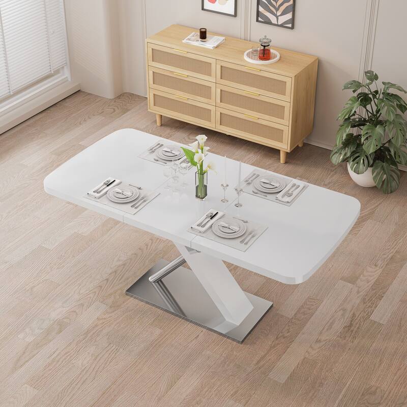 Modern Square Dining Table, Stretchable, with X-Shape Table Leg with Metal Base