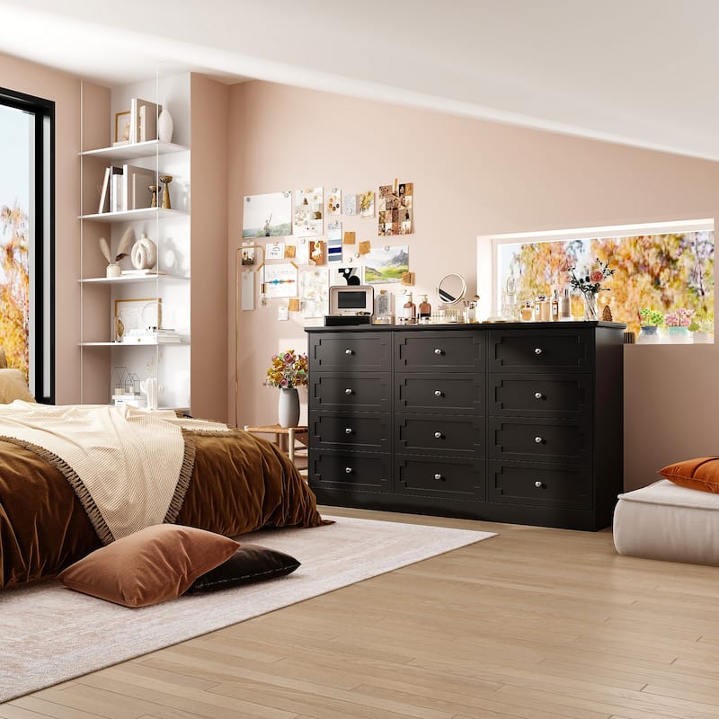 Modern 12-Drawer White Wooden Dresser for Bedroom and Living Room Storage
