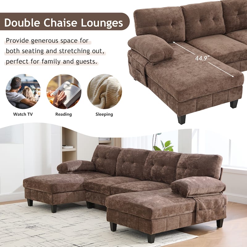 Roomfitters U-Shaped Chenille Sectional Sofa with Dual Chaises, Armrest Pillows and Storage Pockets for Living Room