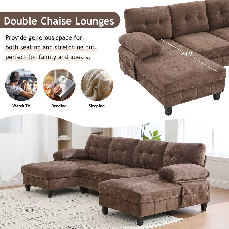 U-Shaped Modular Sectional Sofa with Dual Chaise Lounges, Chenille Fabric Cloud Couch with Storage Pockets & Armrest Pillows