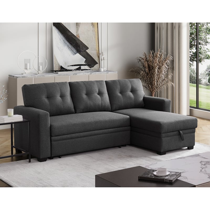Pull-out Upholstered Sectional Sofa with Storage Chaise & Removable Cushions - Dark Grey
