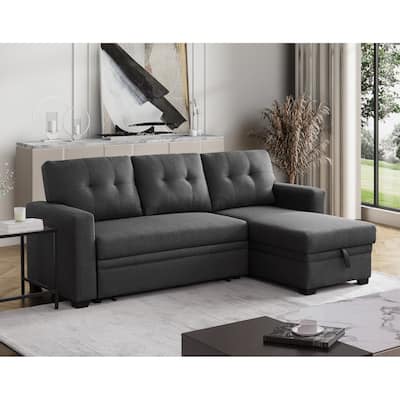 Pull-out Upholstered Sectional Sofa with Storage Chaise & Removable Cushions