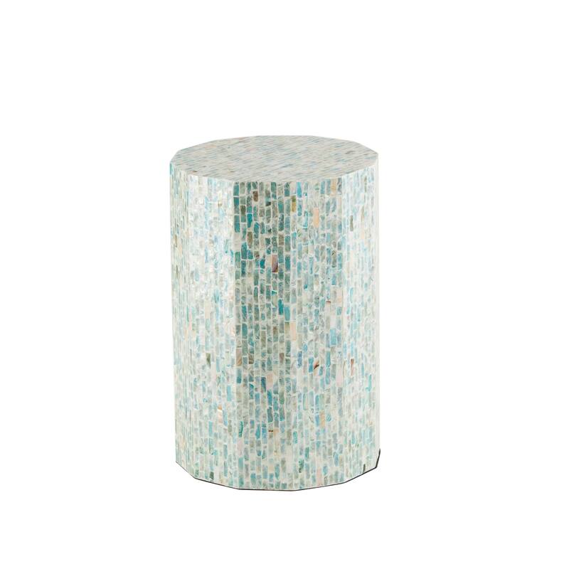 Mother of Pearl Shell Handmade Mosaic Inlay Drum Side End Accent Table - Blue - Roche River Decor