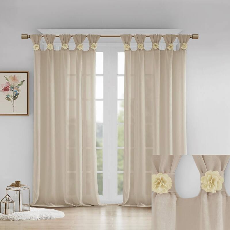 Floral Embellished Cuff Tab Top Solid Curtain Panel(Only 1 Pc Panel)