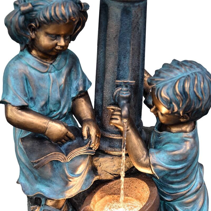 Storybook Outdoor Water Fountain with Boy and Girl Sculpture, Warm LED Lamp Post and Soothing Water Flow