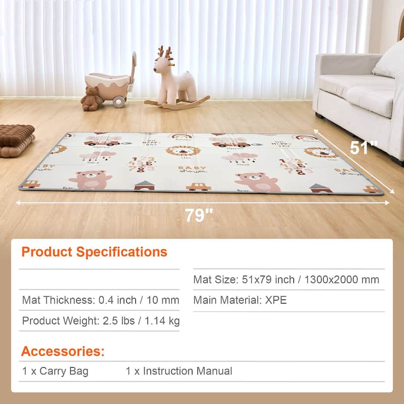 Multi-Color Baby Play Mat, Dual-Sided, Soft and Foldable for Crawling - 79” L x 51” W