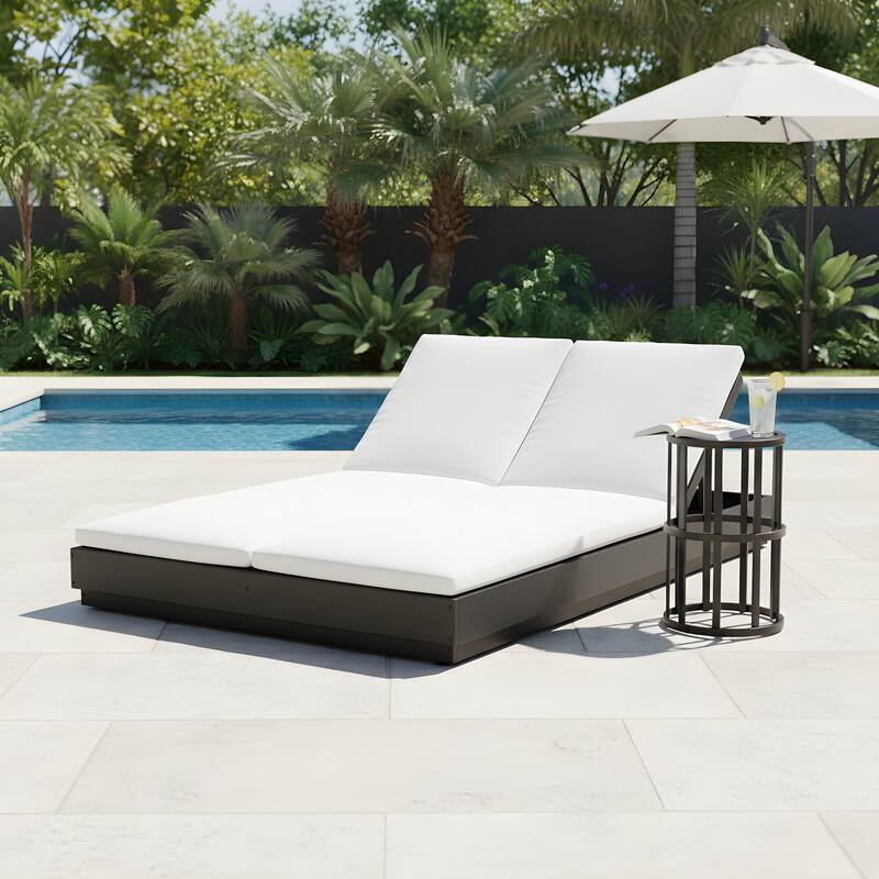 Christopher Knight Home - Outdoor Acacia Wood 5-Position Adjustable Double Sunlounge Set with 10.8" Ceramic Tile Side Table - 2-Piece Set-Black+Beige