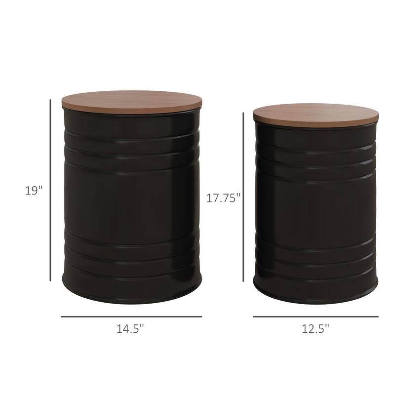 HOMCOM Round Storage Ottoman Set of 2, Farmhouse Stools for Living Room, Black